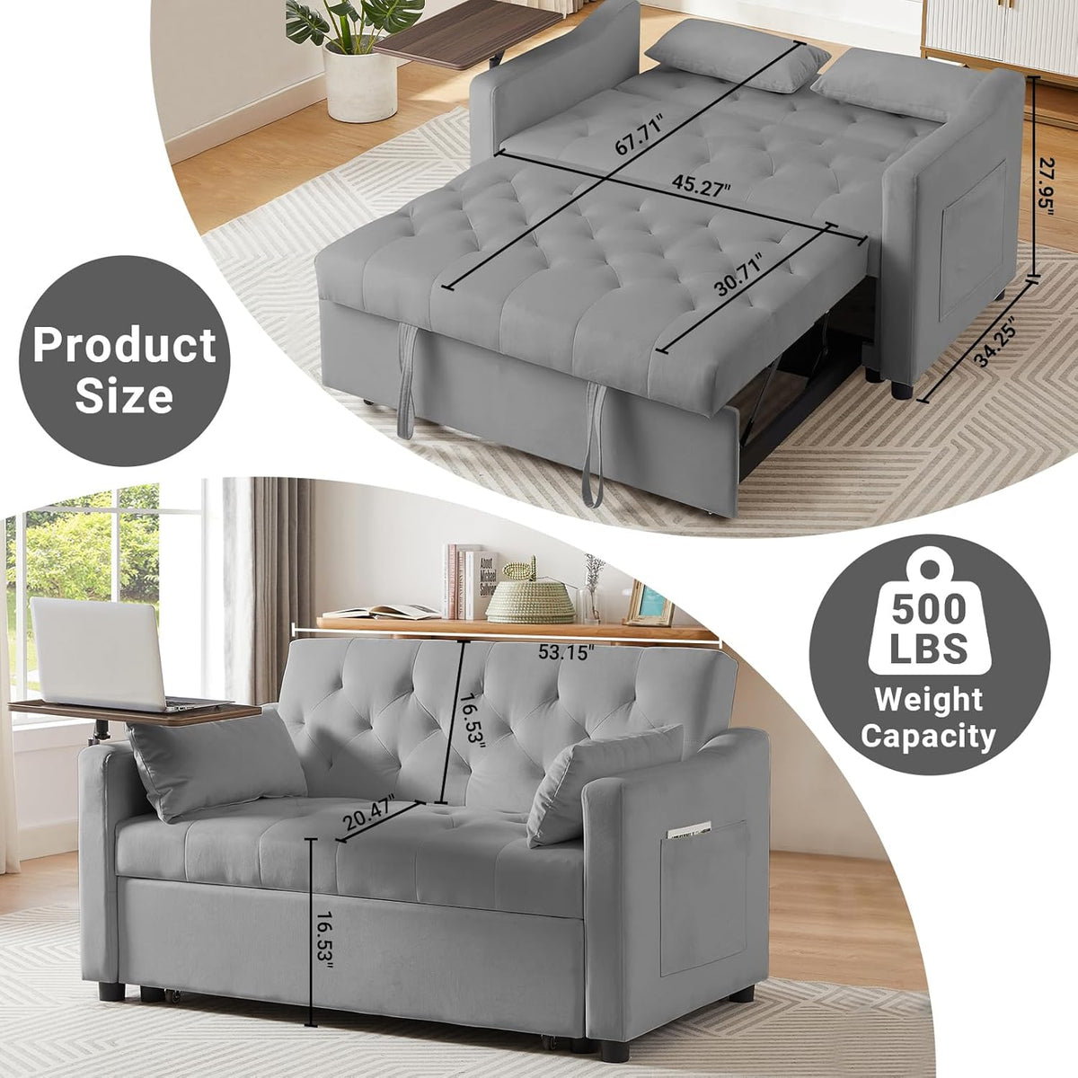 Gray Full Size Convertible Sofa Bed with Storage A1335