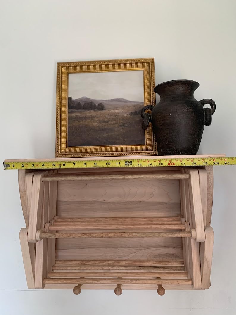 21” x 16” Collapsable Wooden Wall Mounted Drying Rack with Peg Hooks G846