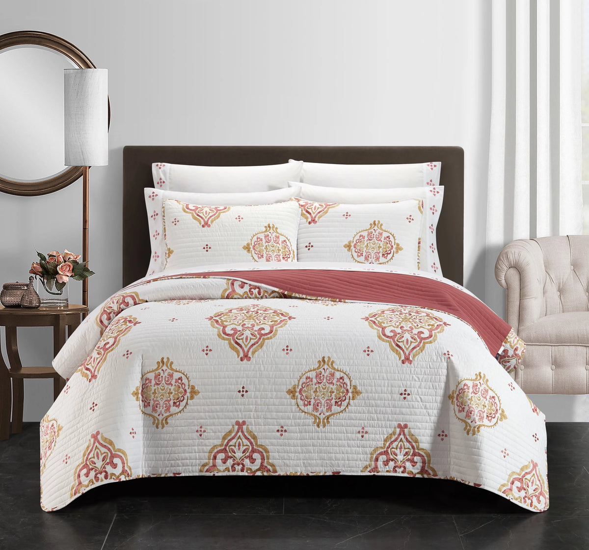 9-Piece Medallion Quilt Set King Coral Gold White M166386