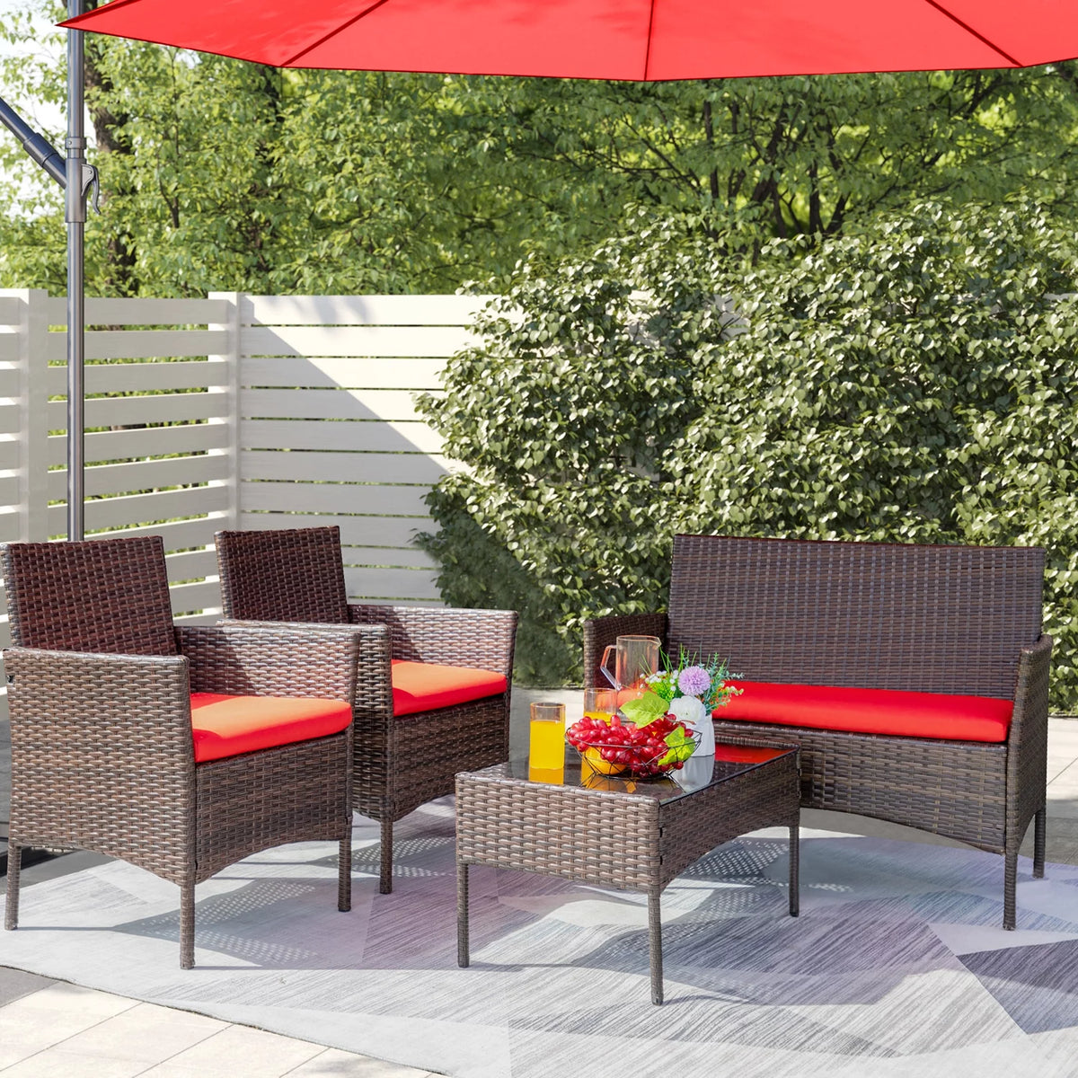 4 Pieces PE Rattan Wicker Patio Conversation Set J4775