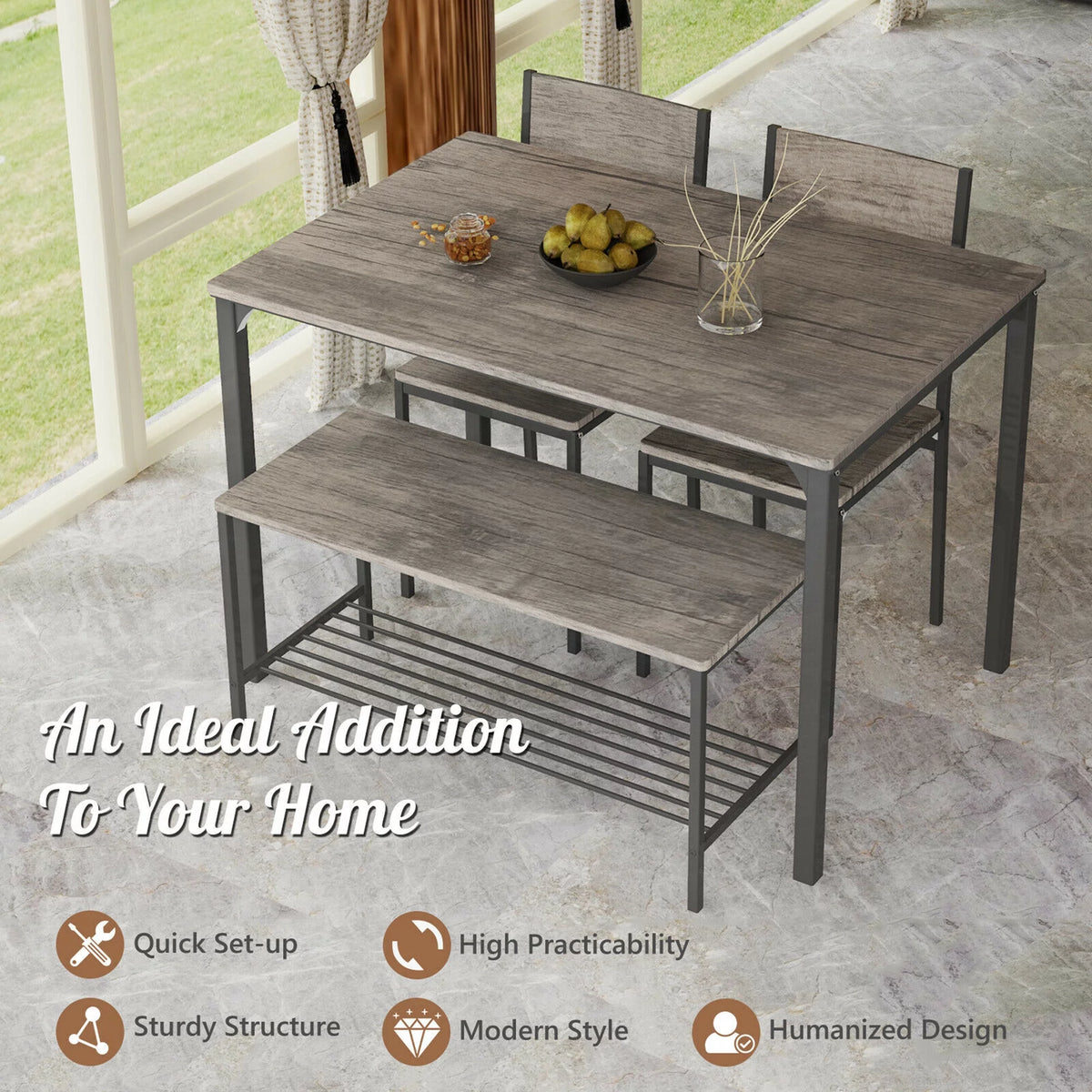4 Pc Dining Table Set with 2 Chairs and Bench R543