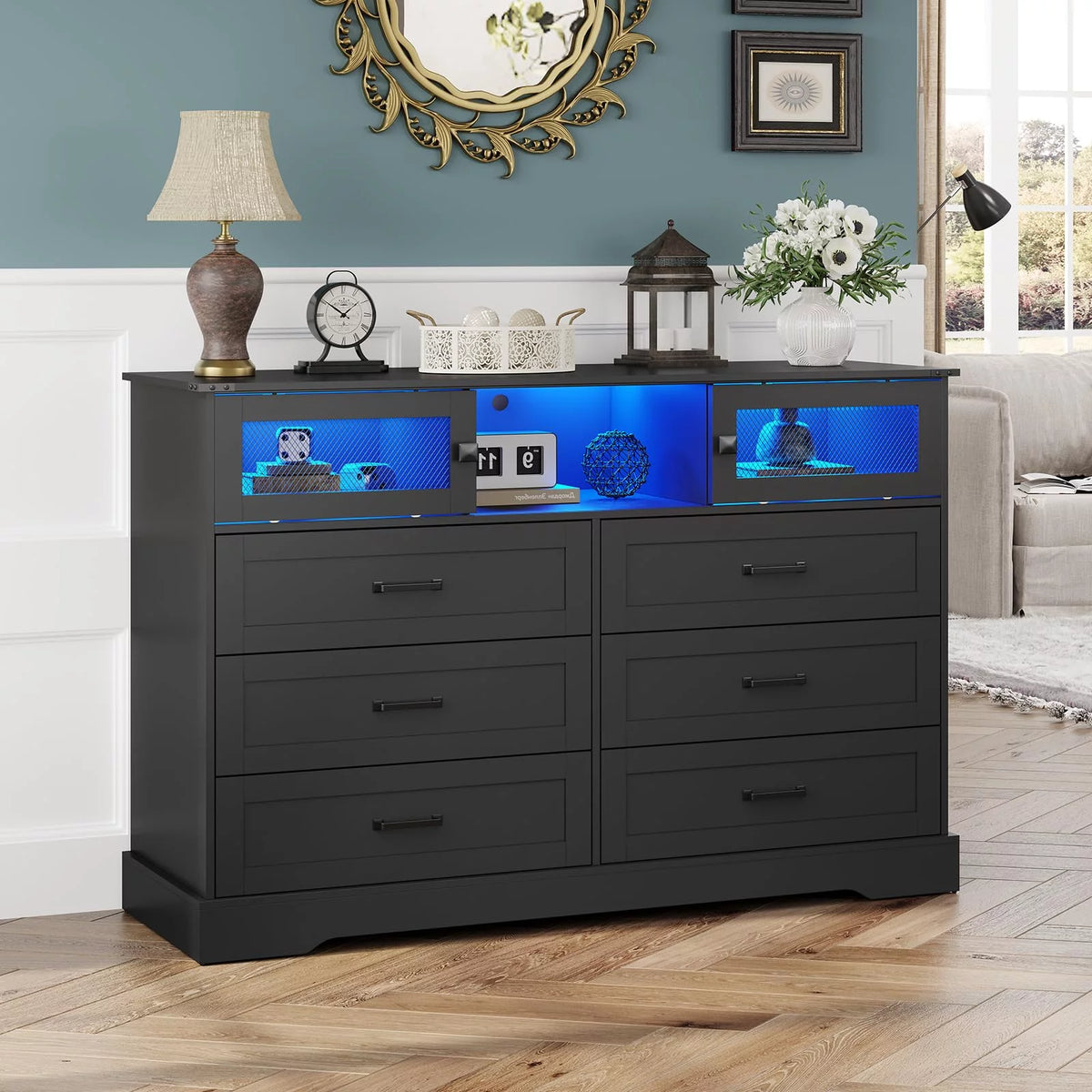 Black 6 Drawer Wood Dresser with 2 Sliding Doors U79508