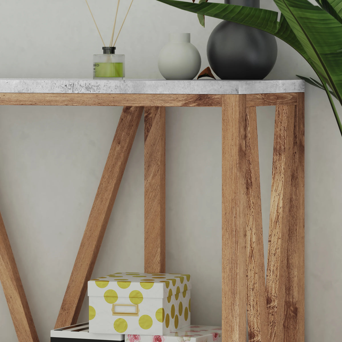 Warm Oak Console Accent Table with Faux Concrete Finished Wood Top X4647