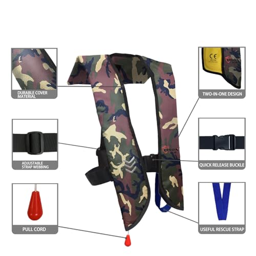 Inflatable Life Jacket Life Vest Green Camouflage Manual M5576