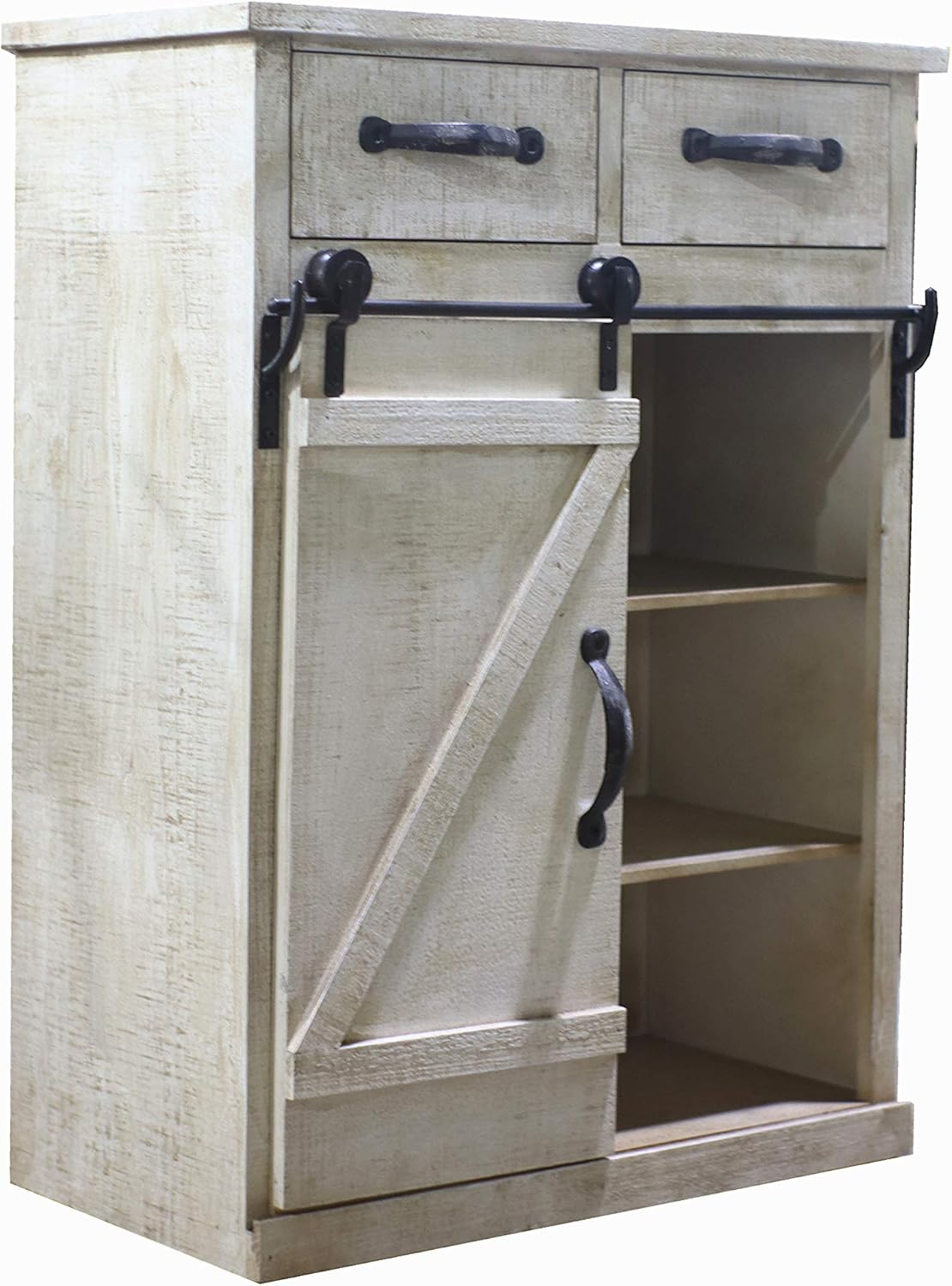 Rustic White Distressed Wood Storage Cabinet with Sliding Barn Door N384490