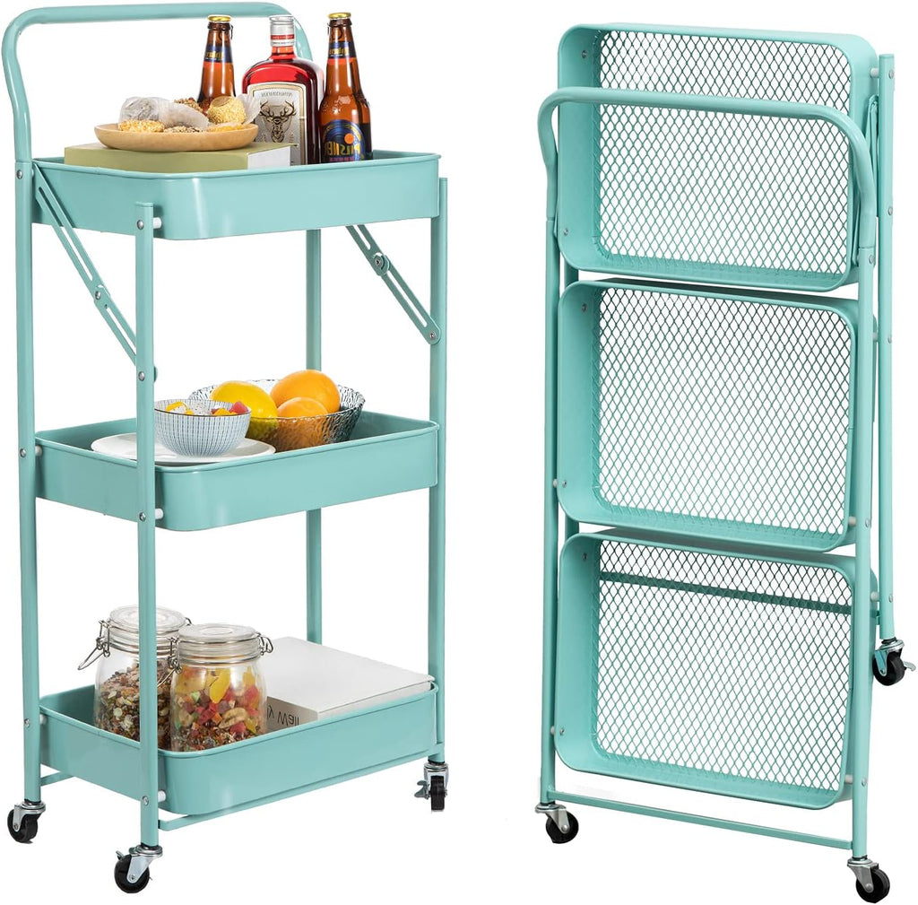 3-Tier Foldable Metal Rolling Cart with Wheels Z68718