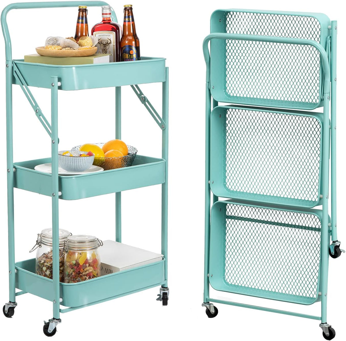 3-Tier Foldable Metal Rolling Cart with Wheels Z68718