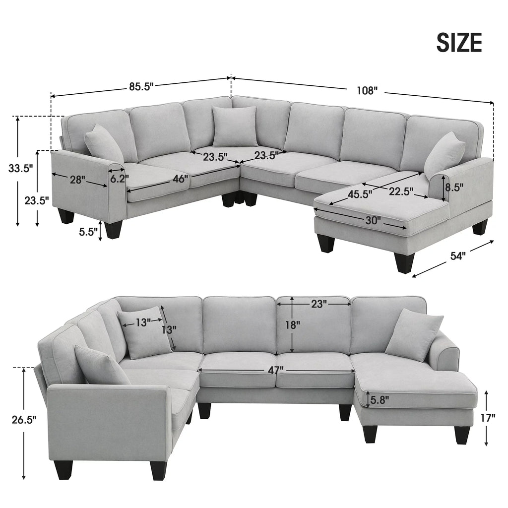 7 Seat Fabric U Shape Sectional Sofa with 3 Pillows Y42782