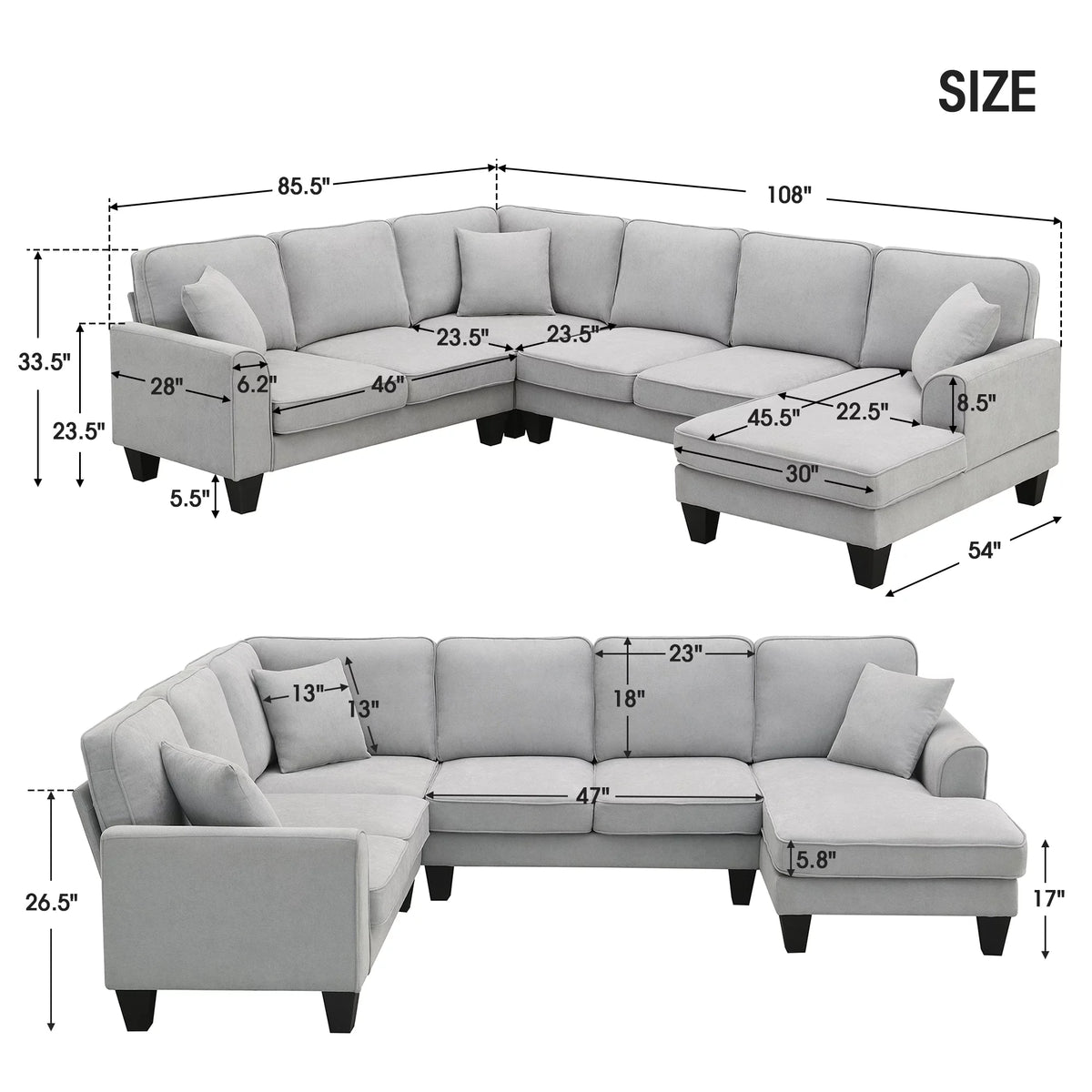 7 Seat Fabric U Shape Sectional Sofa with 3 Pillows Y42782