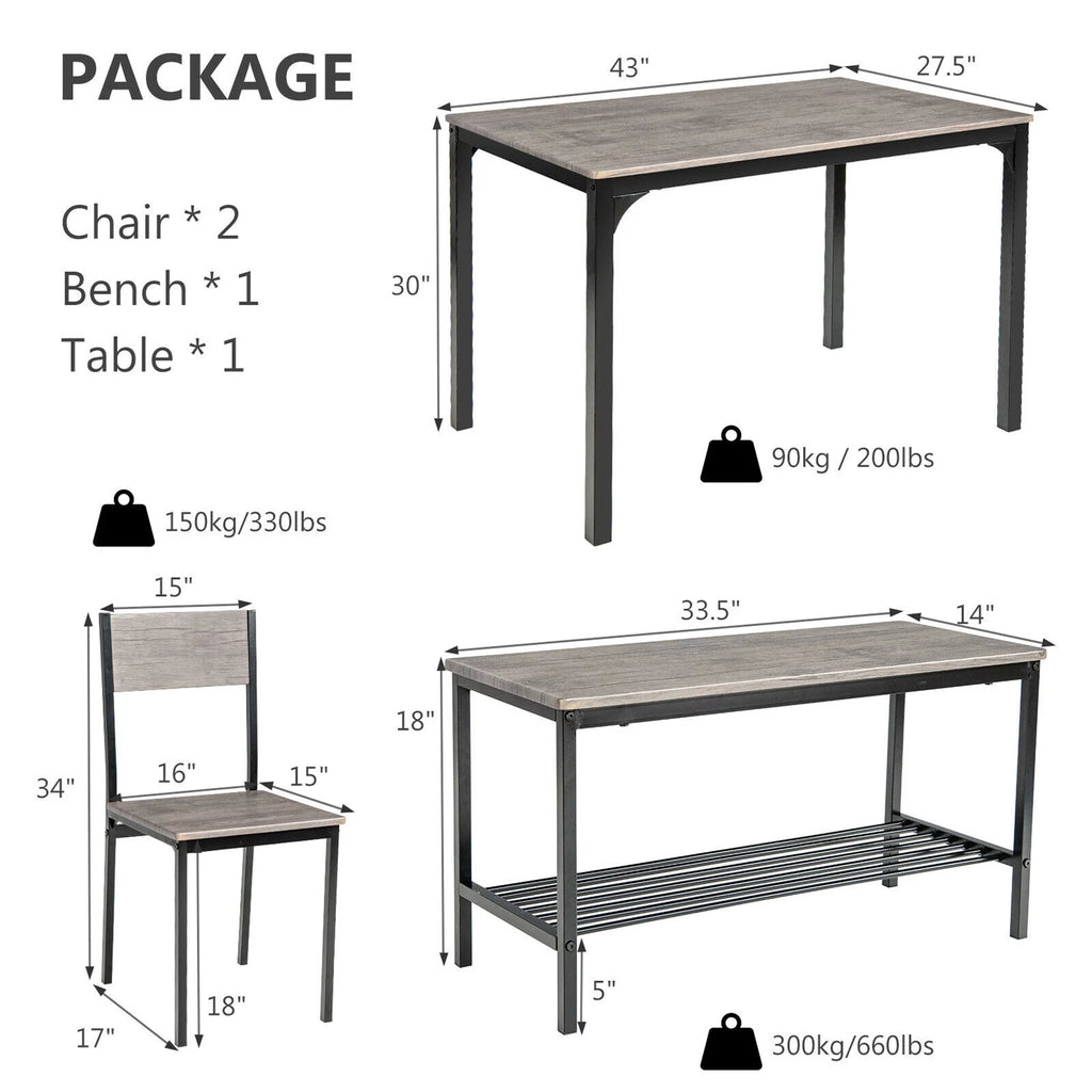 4 Pc Dining Table Set with 2 Chairs and Bench R543