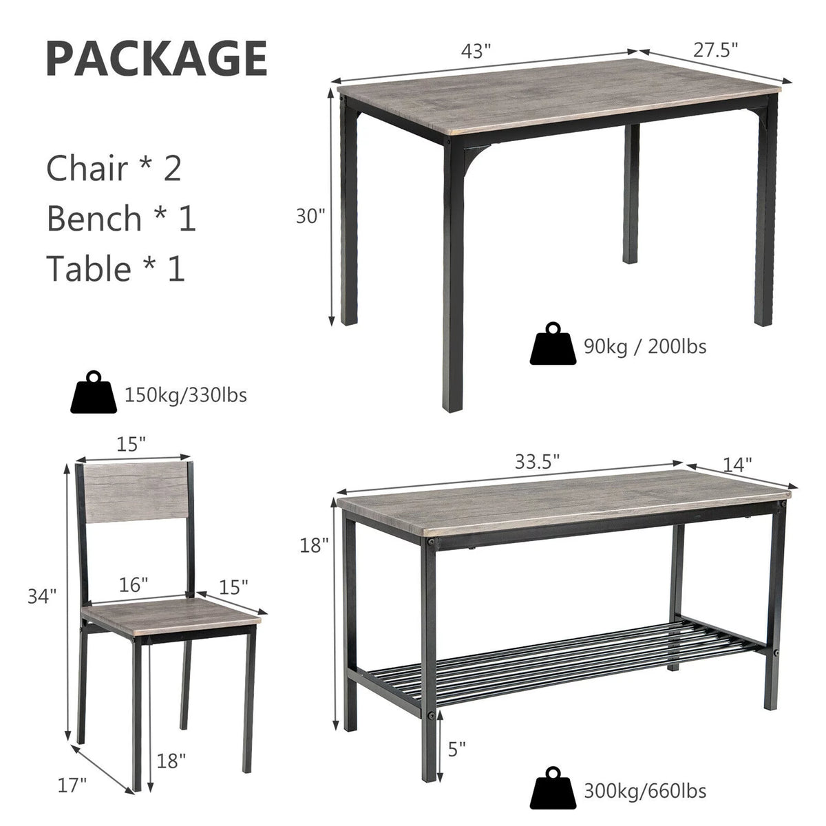 4 Pc Dining Table Set with 2 Chairs and Bench R543