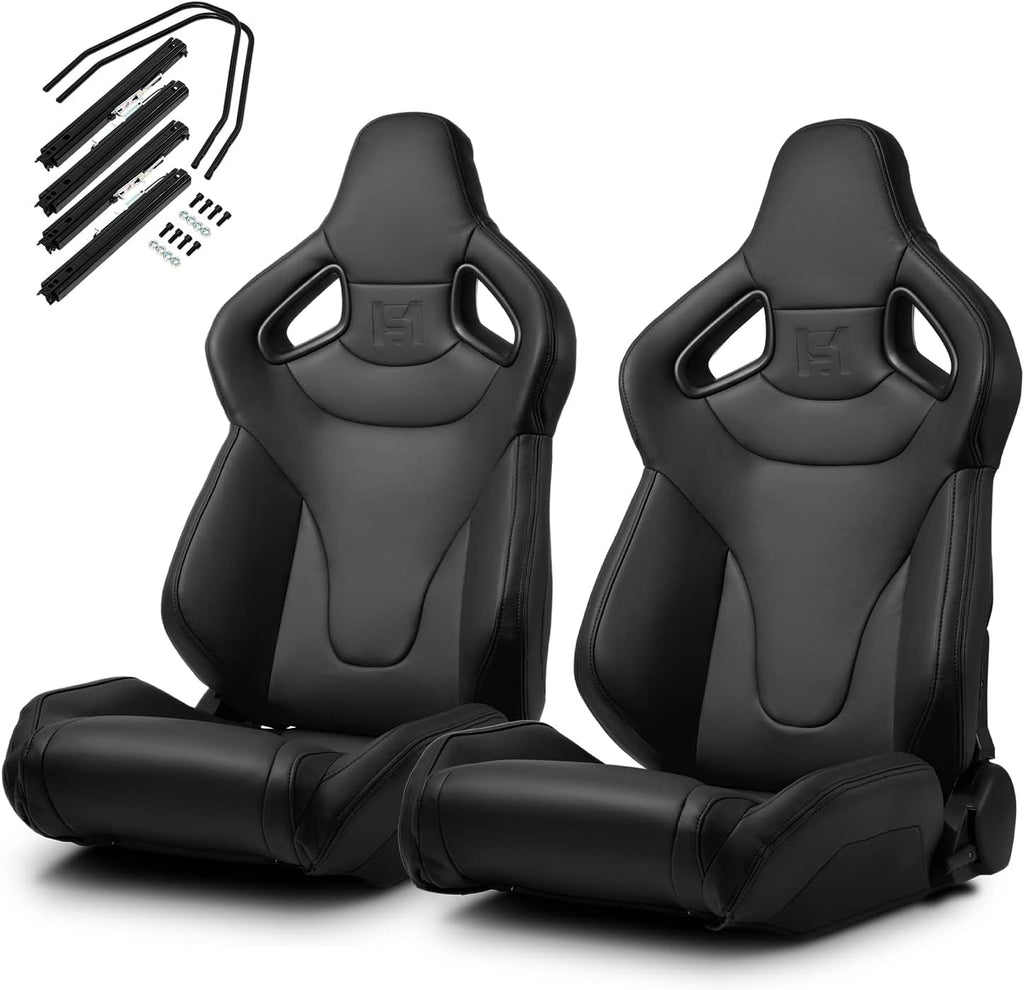 1 Pair Universal Black Carbon Fiber Leather PVC Racing Seats with Slider Y537987