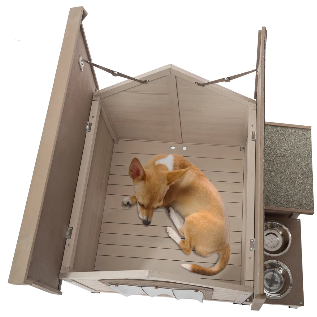 Outdoor Wood Dog House with Feeding Station and Storage Box W641538