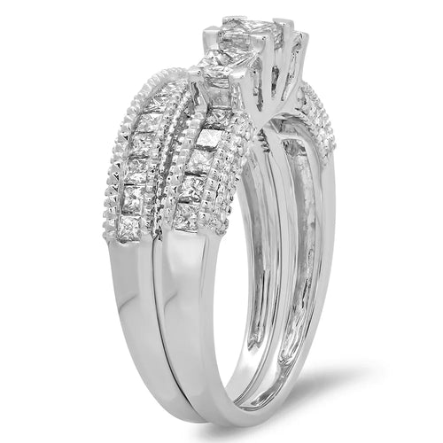 10K White Gold Diamond Bridal 3 Stone Engagement Ring With Matching Band N211408