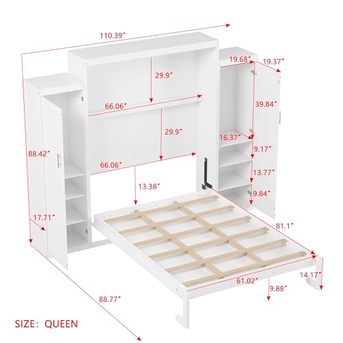 Queen Size White Murphy Bed with Wardrobe and Storage Shelf E909809