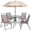 6-Piece Patio Set with Glass Table, Umbrella, and 4 Folding Chairs, Black W5178