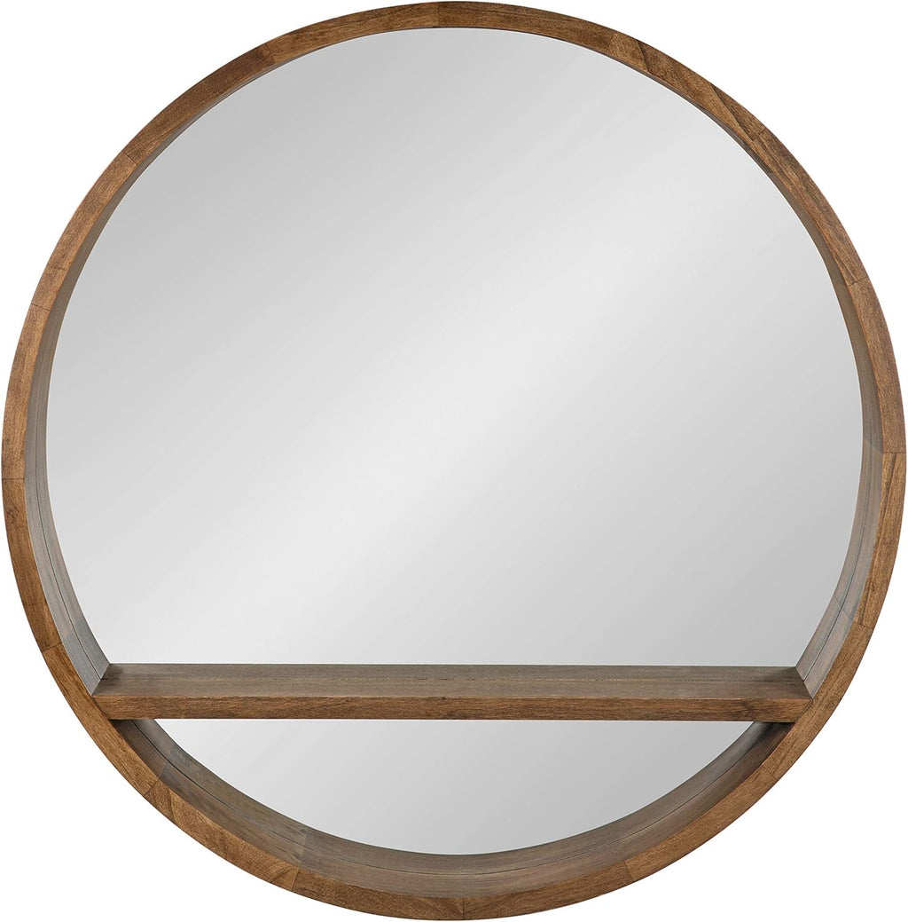 Round Mirror with Shelf, 30" Diameter, Rustic Brown Finish Z2994