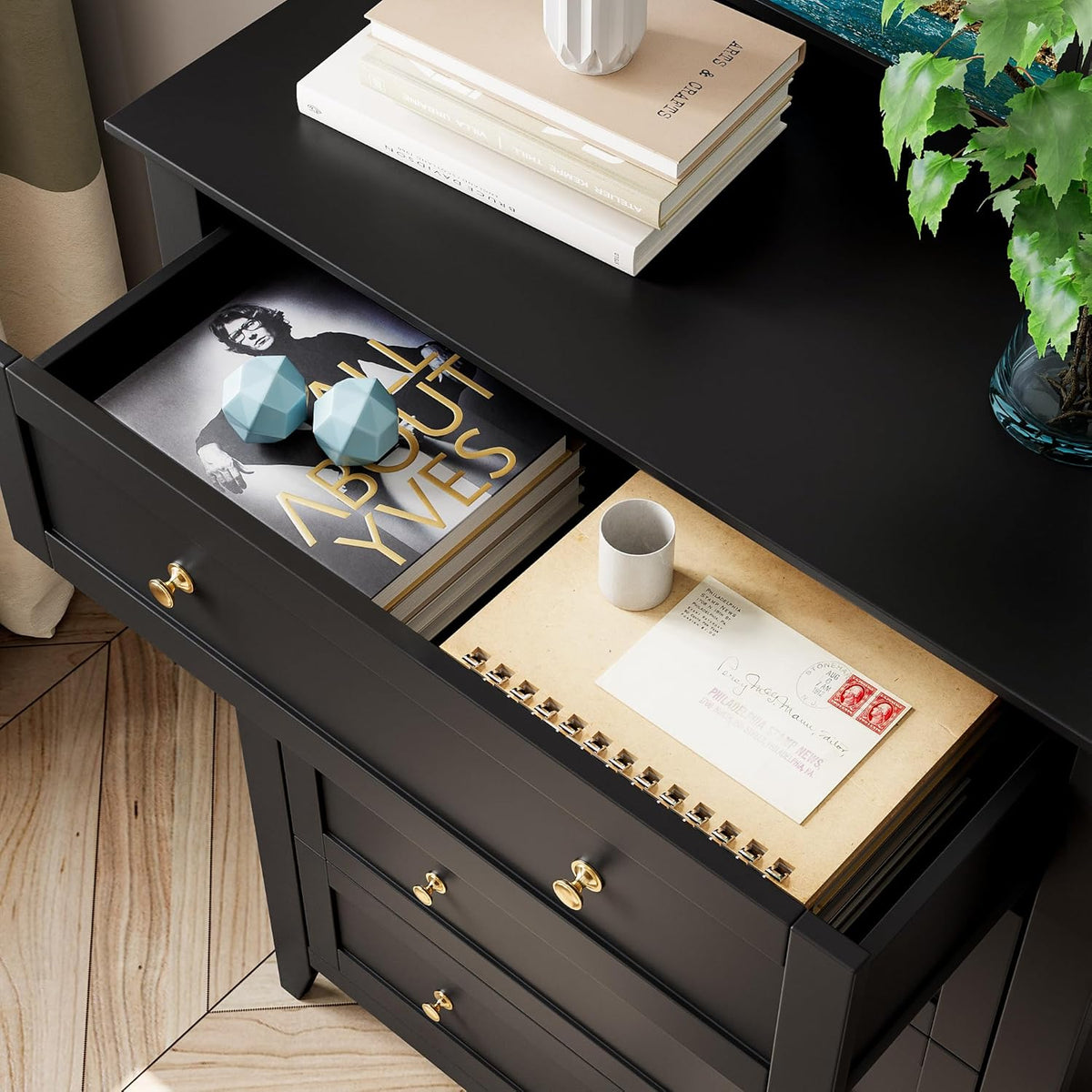 Black 5 Drawer Wood Dresser O5626