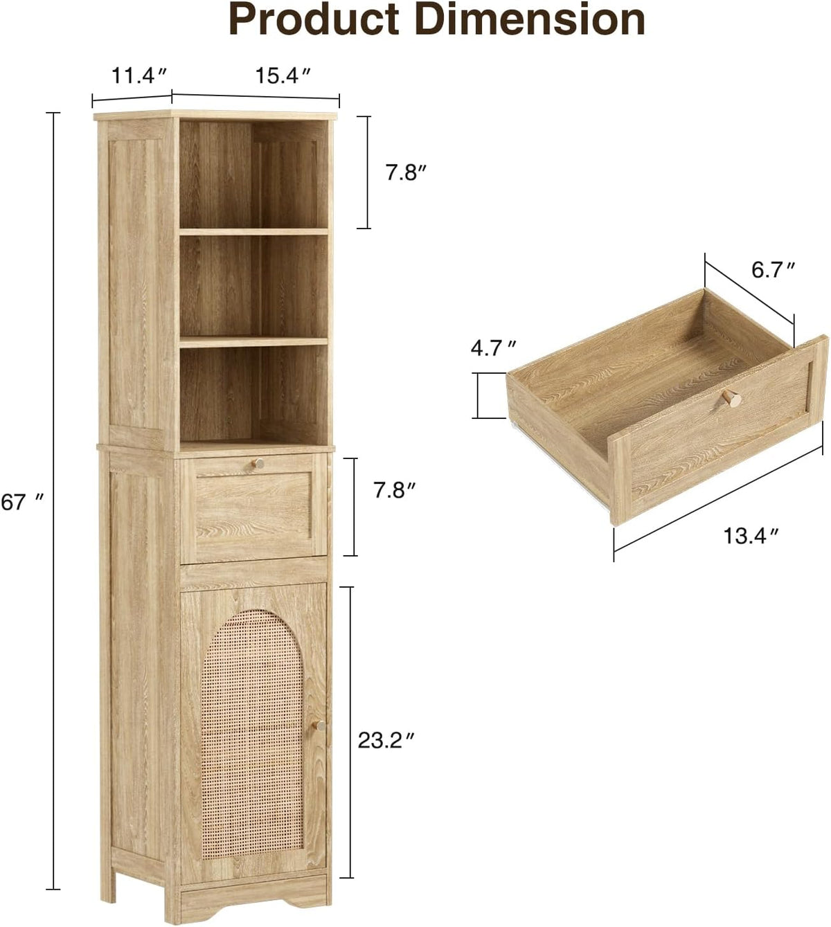 Natural Linen Tall Narrow Bathroom Storage Cabinet with Rattan Doors and Drawer W72272