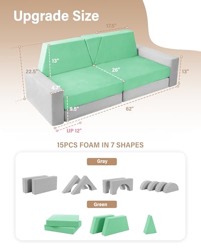 15pcs Modular Kids Play Couch Convertible Foam Sofa Gray T81680