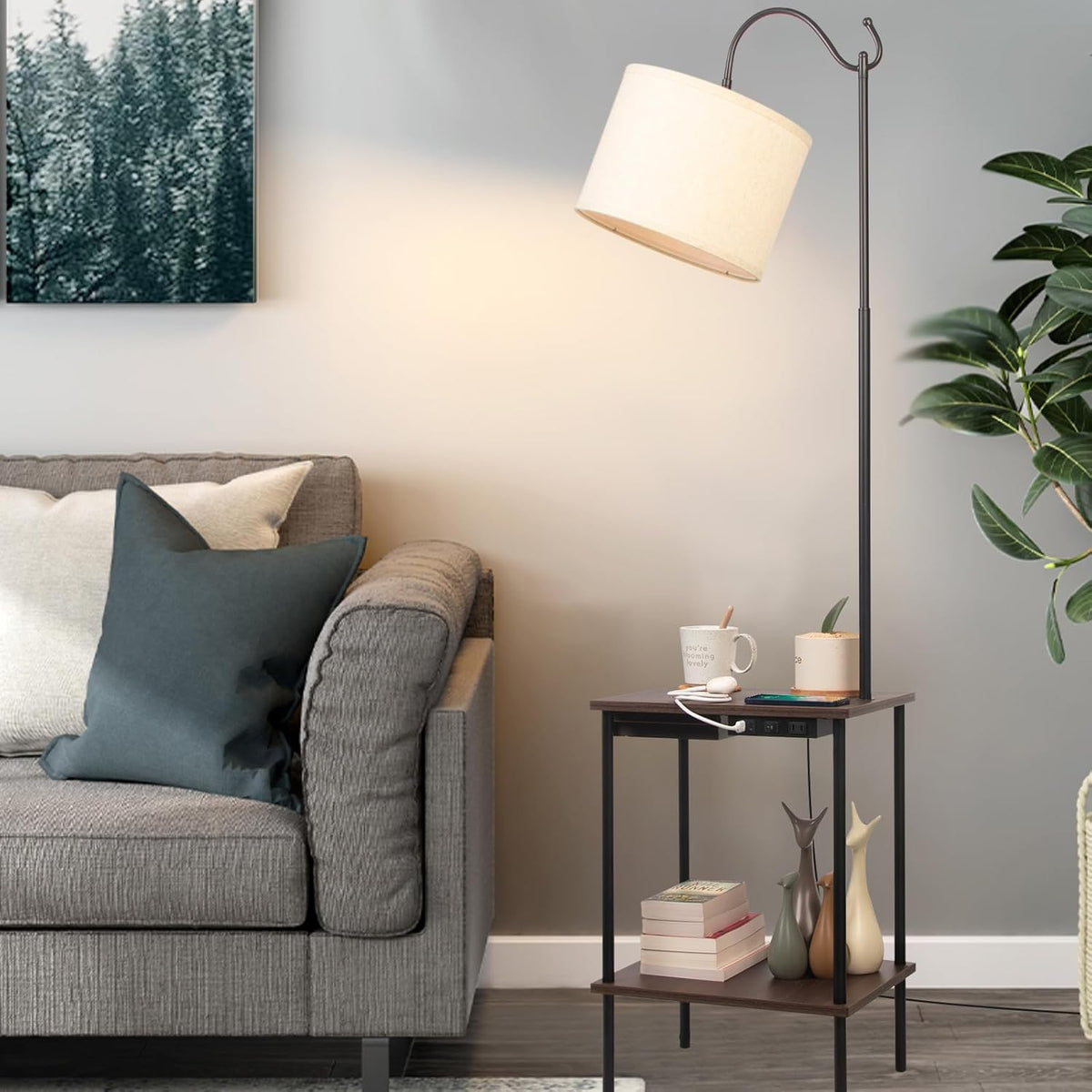 Industrial Rustic Floor Lamp with Wireless USB Charging Port & Power Outlet T39888