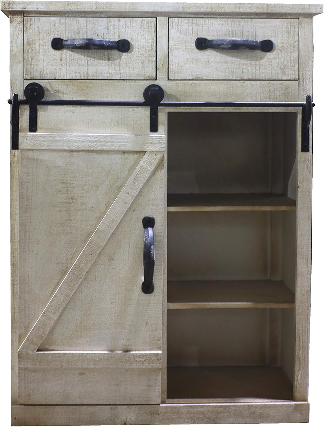 Rustic White Distressed Wood Storage Cabinet with Sliding Barn Door N384490