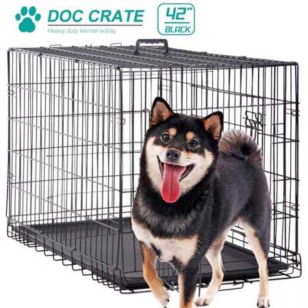 Black 42 inch Folding Dog Cage with Plastic Tray T381