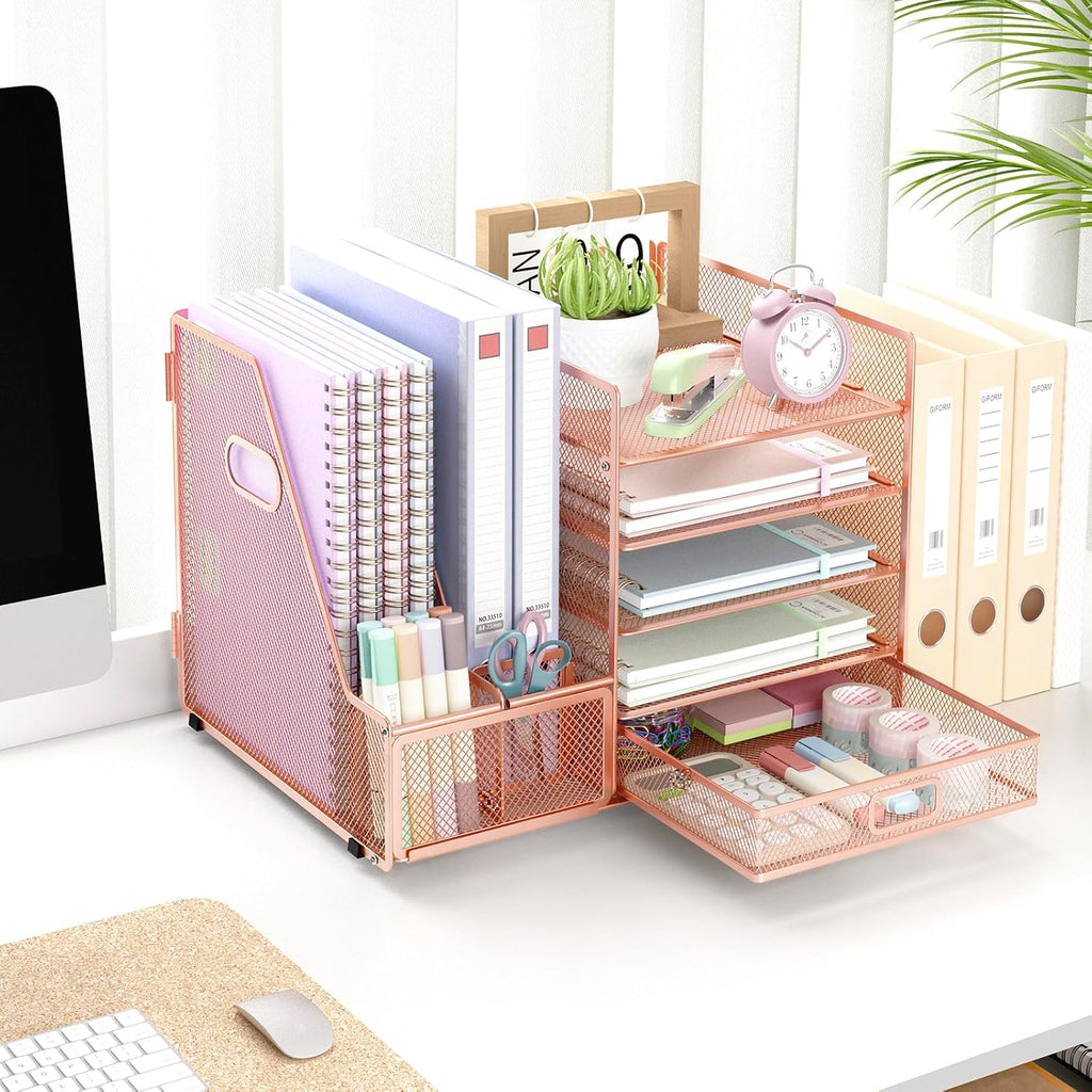Rose Gold Acrylic Desk Organizer Set with Stapler and File Shelves X972