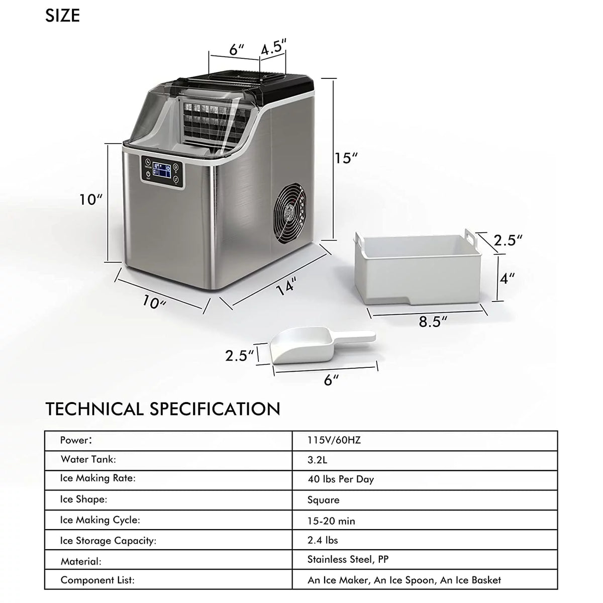 Compact Ice Maker Machine, 45 Lbs/24H, 24 Pcs/13 Mins, Self-Cleaning F3742