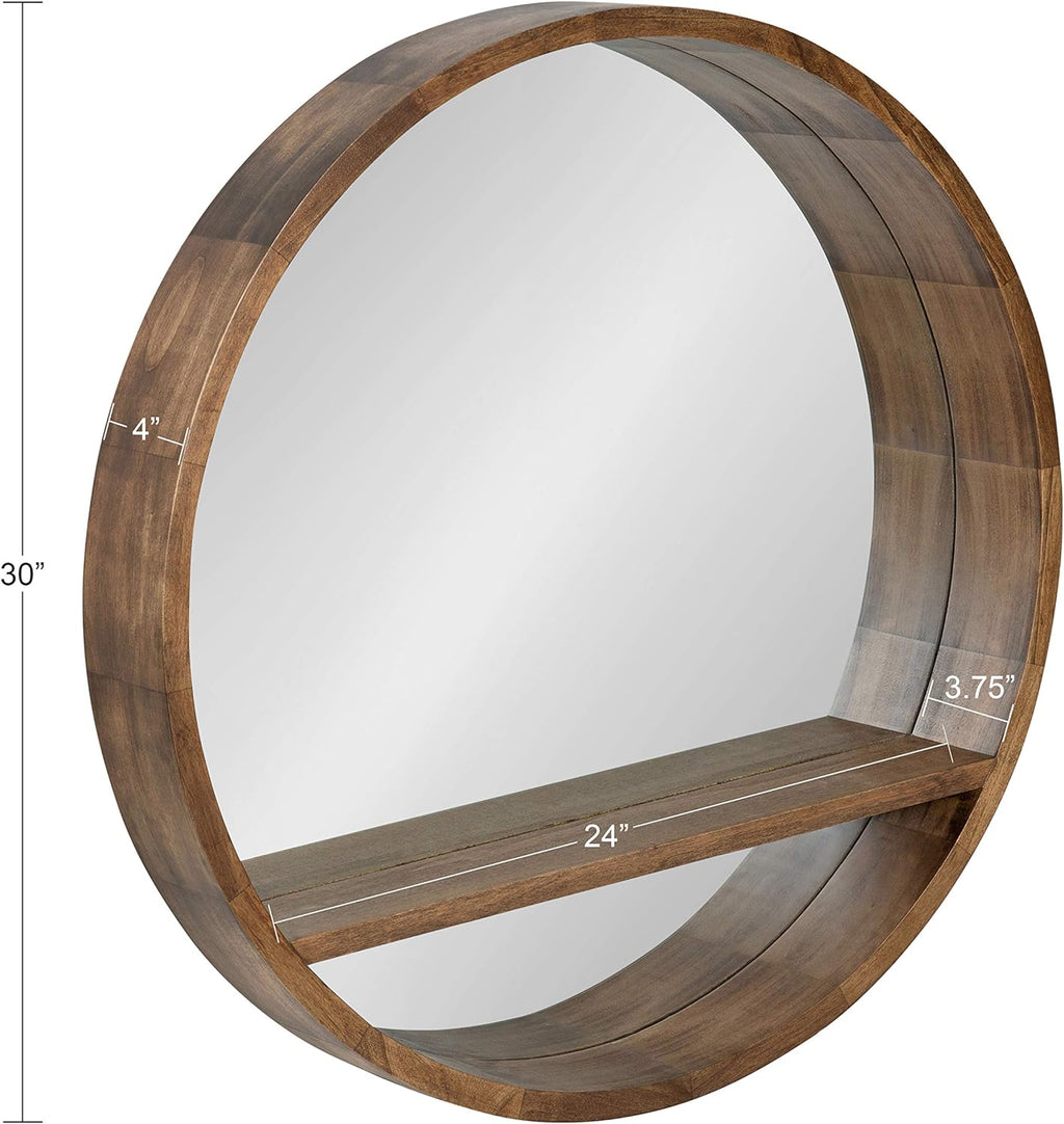 Round Mirror with Shelf, 30" Diameter, Rustic Brown Finish Z2994