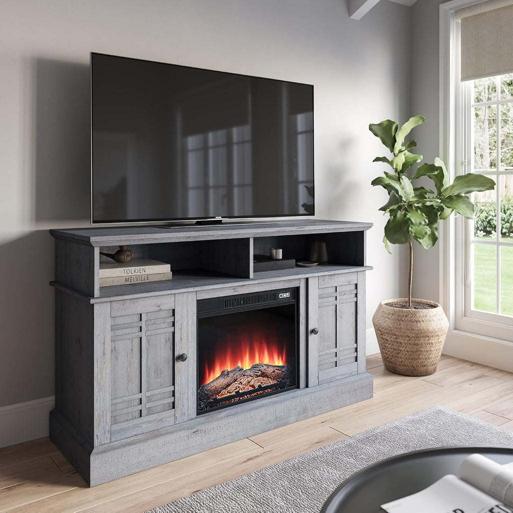 Modern Farmhouse Electric Fireplace TV Stand with Open Storage Shelves & Cabinets M2920