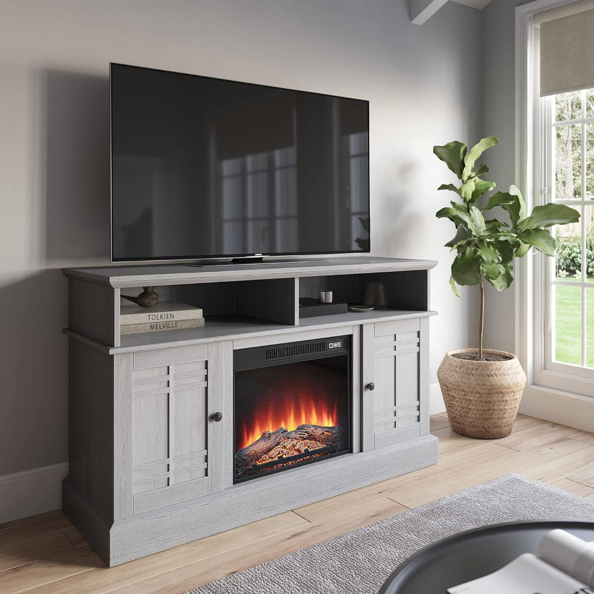 Modern Farmhouse Electric Fireplace TV Stand with Open Storage Shelves & Cabinets M2920