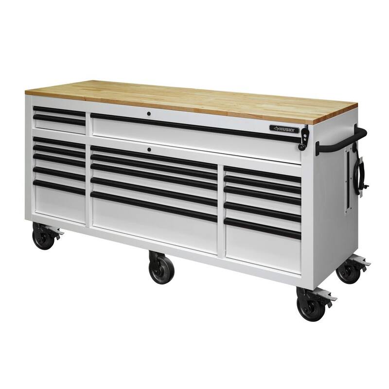 72 in. W Heavy Duty Matte White Mobile Workbench Cabinet with Wood Top N2786