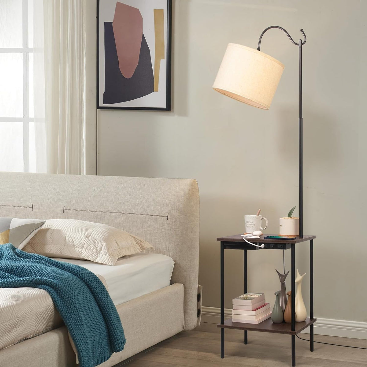 Industrial Rustic Floor Lamp with Wireless USB Charging Port & Power Outlet T39888