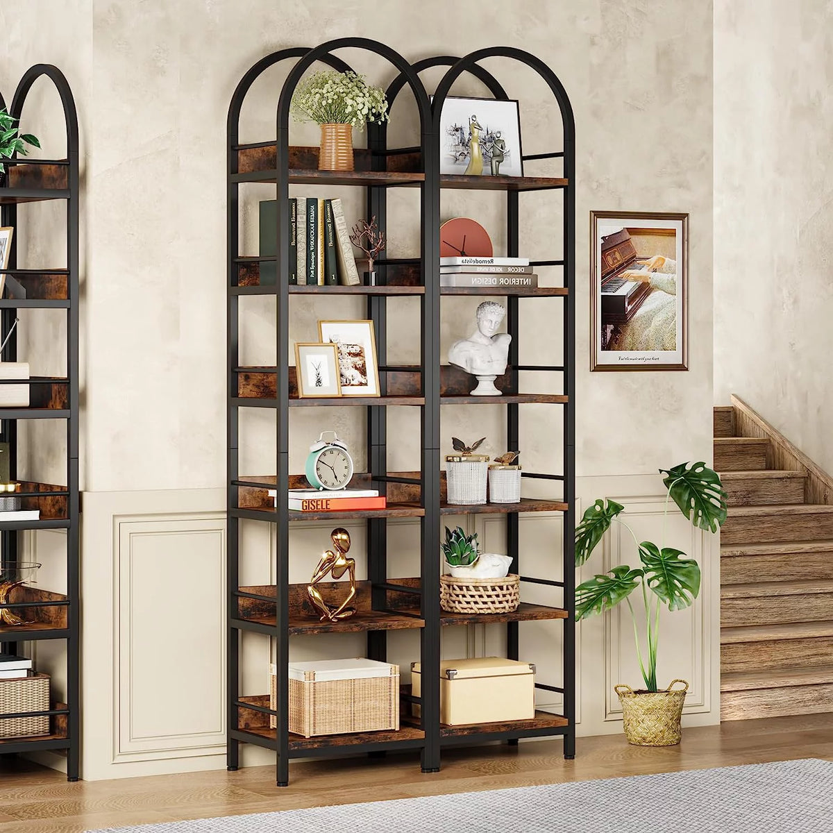 6-Tier Open Bookshelf, 78.7" Tall Arched Bookcase with Metal Frame, Rustic Brown K2691