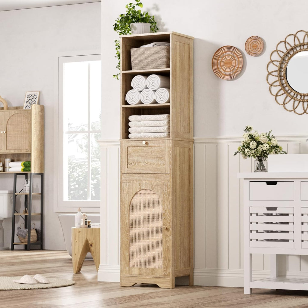 Natural Linen Tall Narrow Bathroom Storage Cabinet with Rattan Doors and Drawer W72272