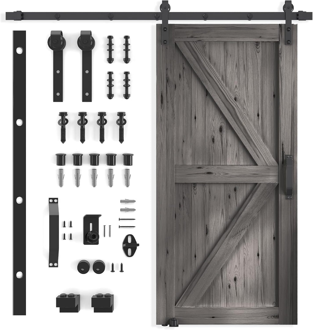 30In x 84In Sliding Barn Door with 5FT Barn Door Hardware Kit, Brown R8204