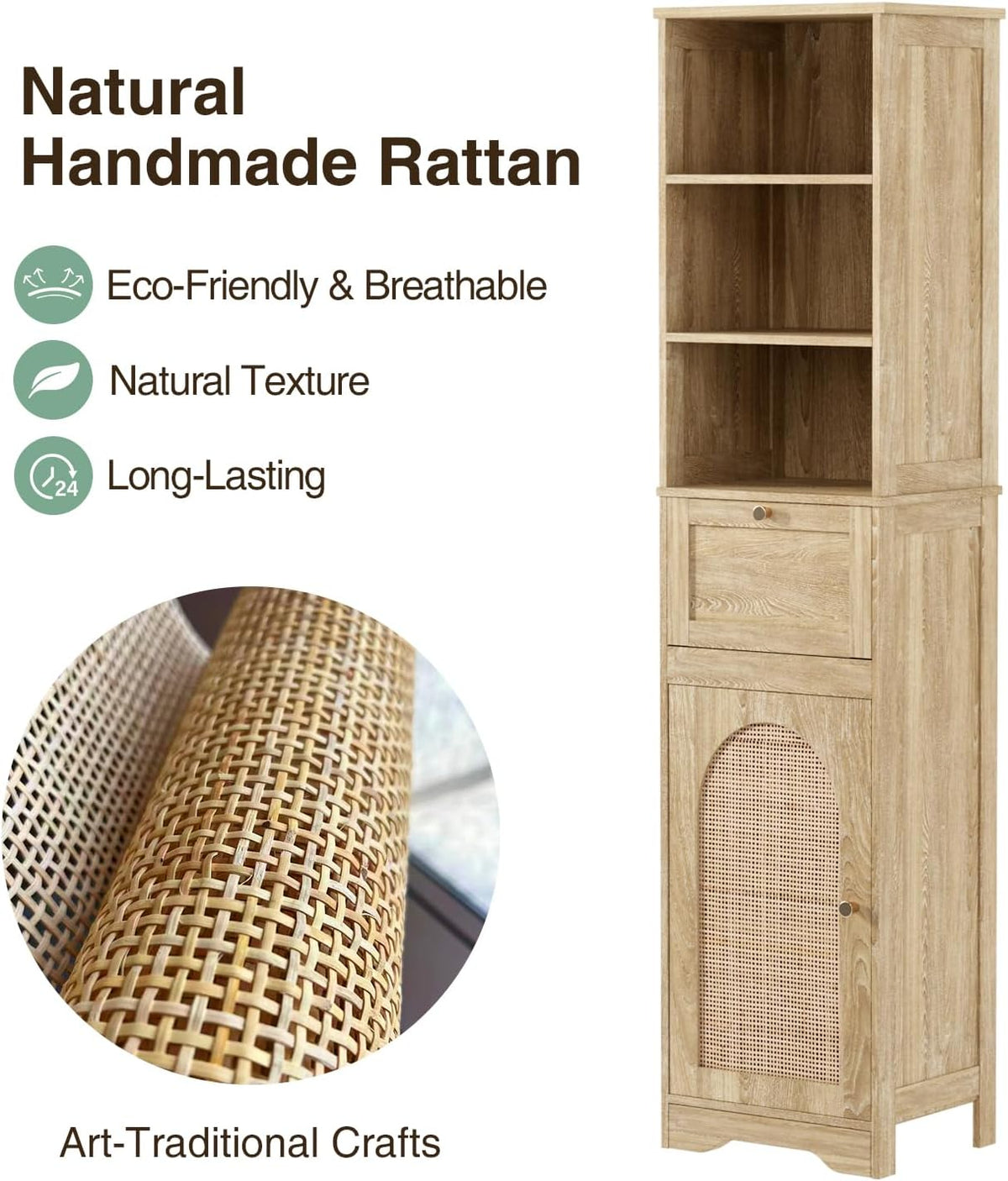 Natural Linen Tall Narrow Bathroom Storage Cabinet with Rattan Doors and Drawer W72272
