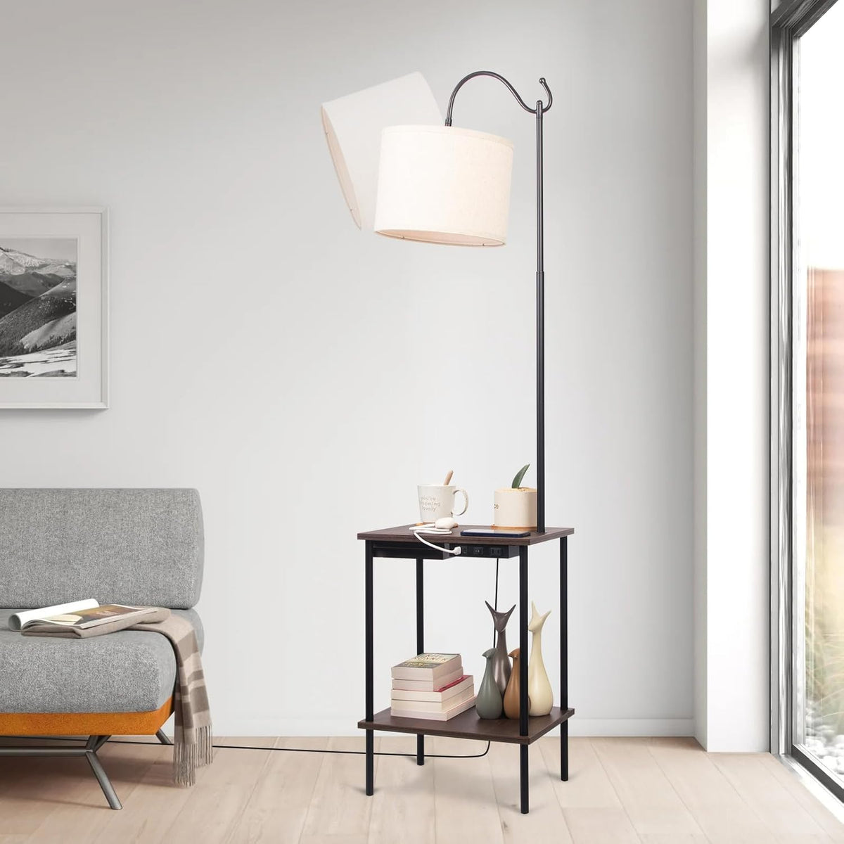 Industrial Rustic Floor Lamp with Wireless USB Charging Port & Power Outlet T39888