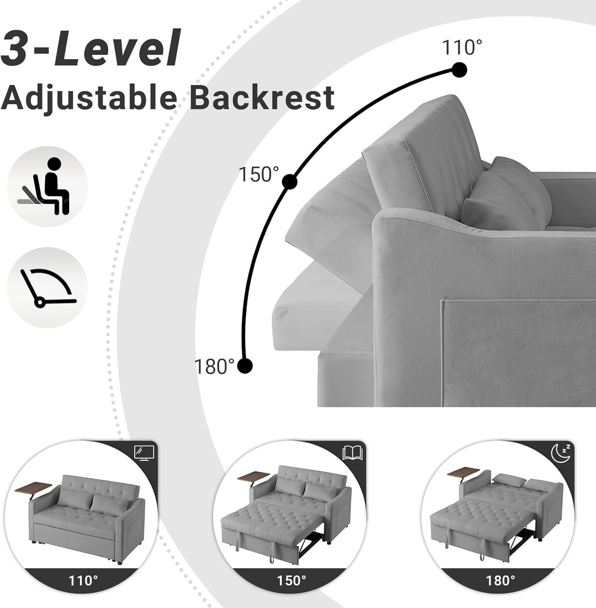 Gray Full Size Convertible Sofa Bed with Storage A1335