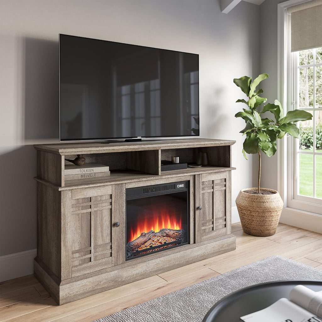 Modern Farmhouse Electric Fireplace TV Stand with Open Storage Shelves & Cabinets M2920