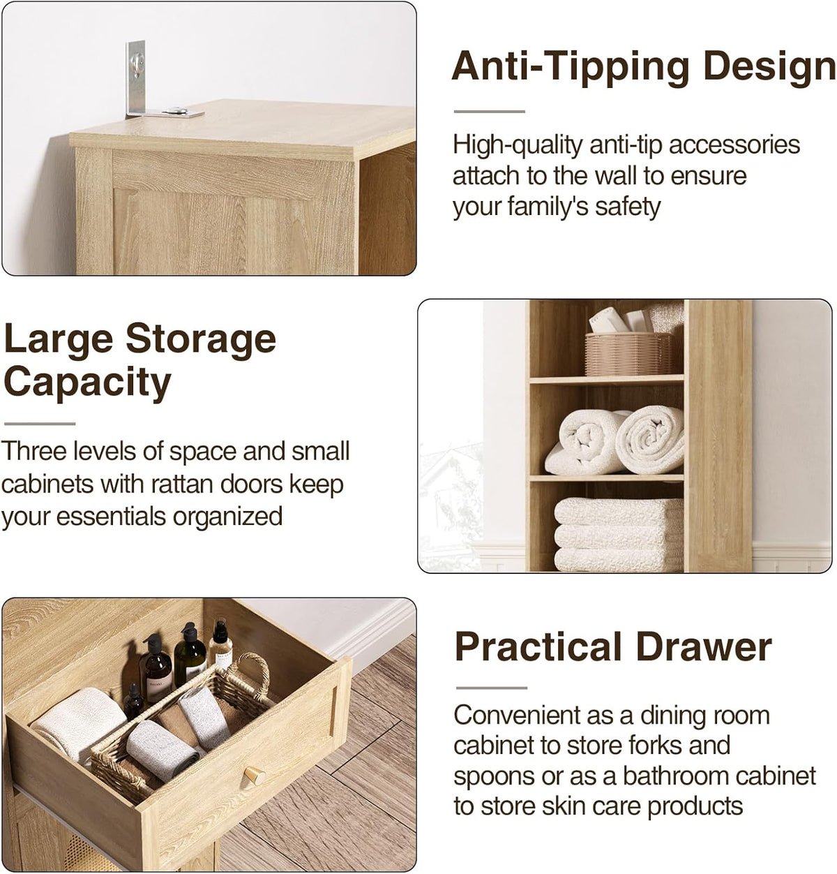 Natural Linen Tall Narrow Bathroom Storage Cabinet with Rattan Doors and Drawer W72272