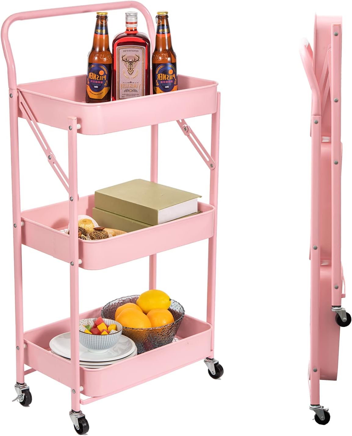 3-Tier Foldable Metal Rolling Cart with Wheels Z68718