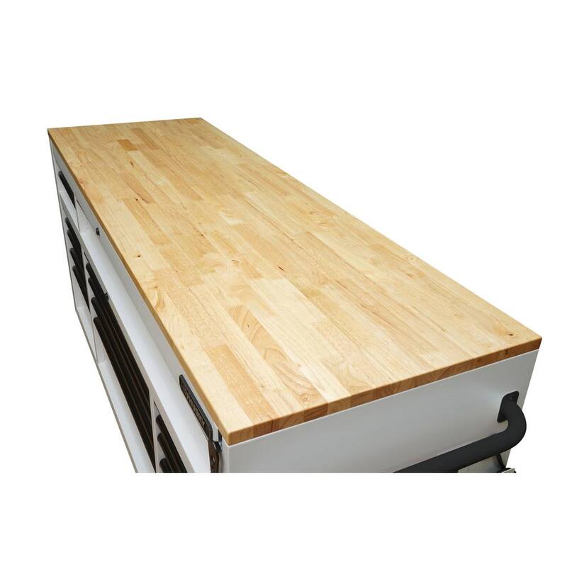 72 in. W Heavy Duty Matte White Mobile Workbench Cabinet with Wood Top N2786