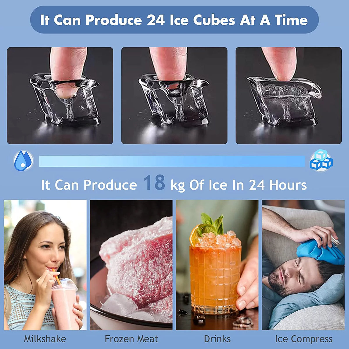 Compact Ice Maker Machine, 45 Lbs/24H, 24 Pcs/13 Mins, Self-Cleaning F3742