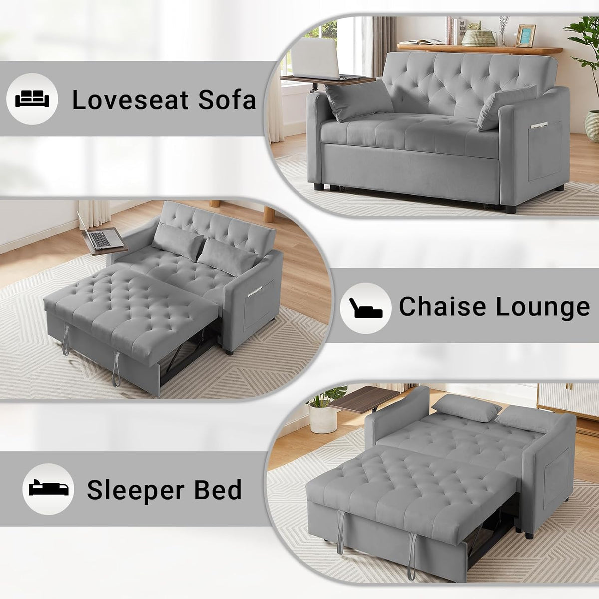 Gray Full Size Convertible Sofa Bed with Storage A1335