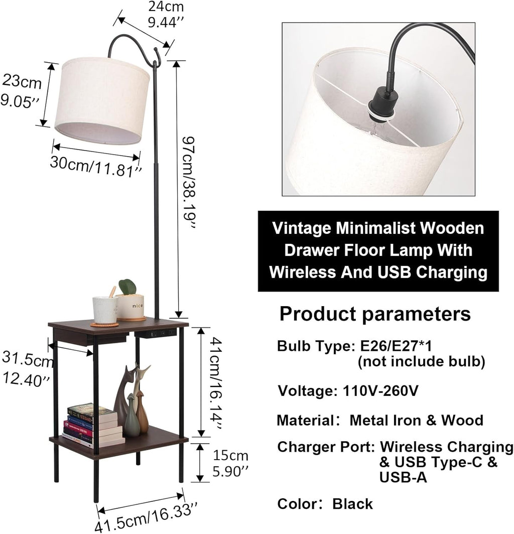 Industrial Rustic Floor Lamp with Wireless USB Charging Port & Power Outlet T39888