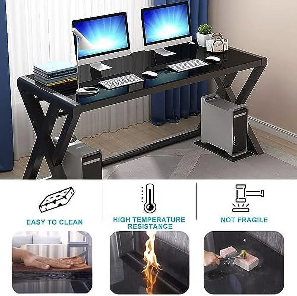 Glass Top X-Frame Metal Computer Desk 55.1 inches L8837