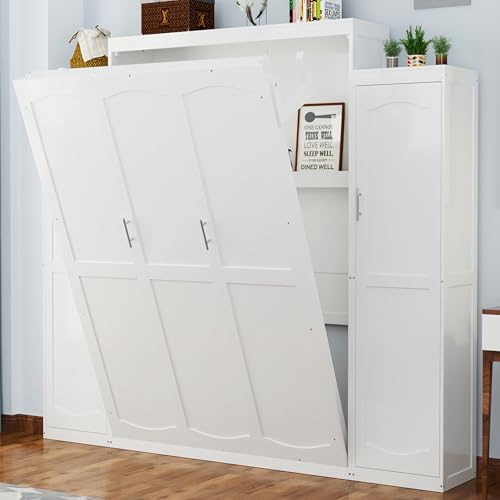 Queen Size White Murphy Bed with Wardrobe and Storage Shelf E909809
