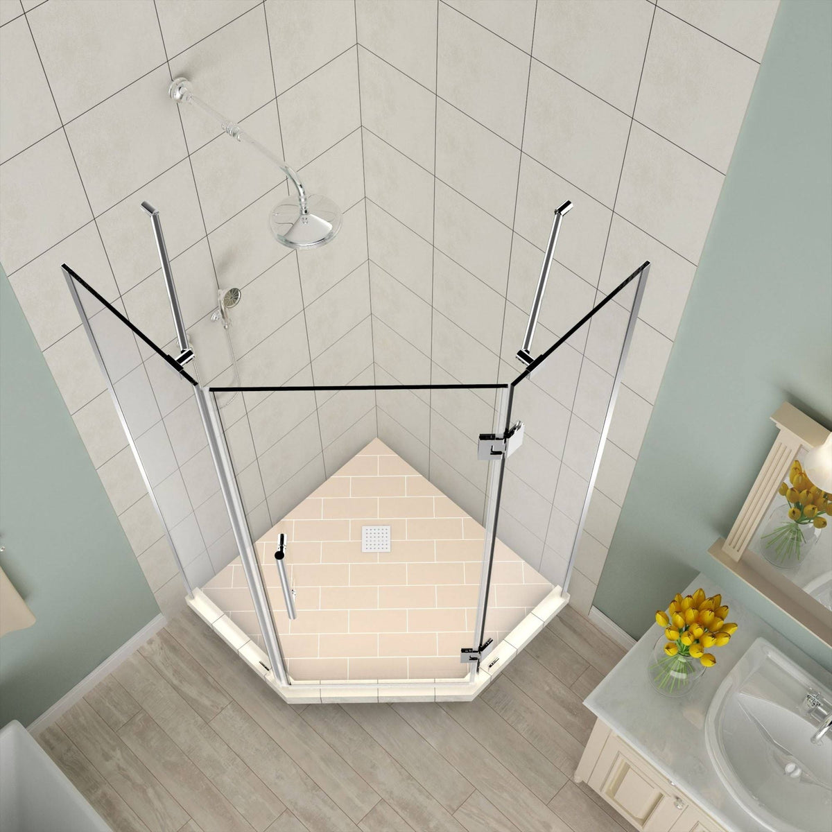 Frameless Hinged Neo-Angle Shower Enclosure in Stainless Steel B936095